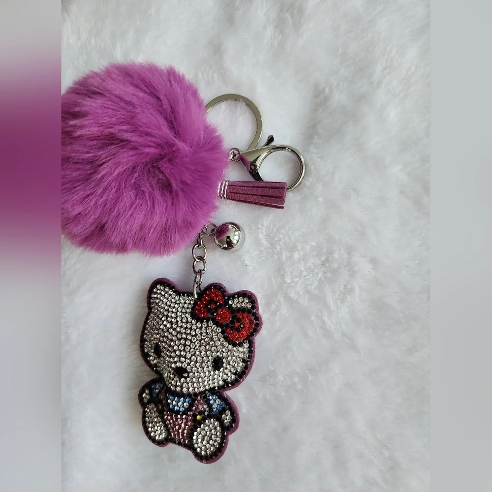 Hello Kitty Purple Pom Pom Keychain with Sparkling Rhinestones Bag Charm